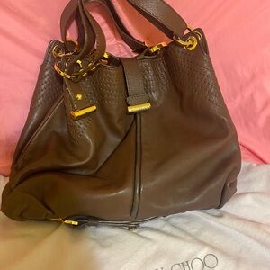 Jimmy Choo Dark Brown Leather Shoulder Bag with Gold Accents